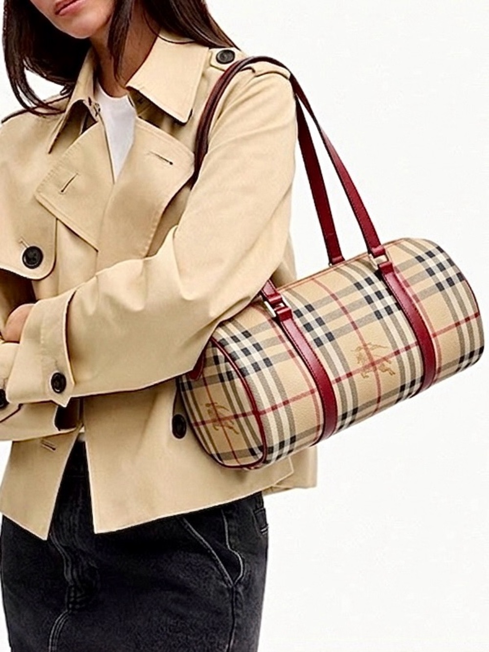 Burberry Beige Vintage Check Barrel Bag with Red Trim